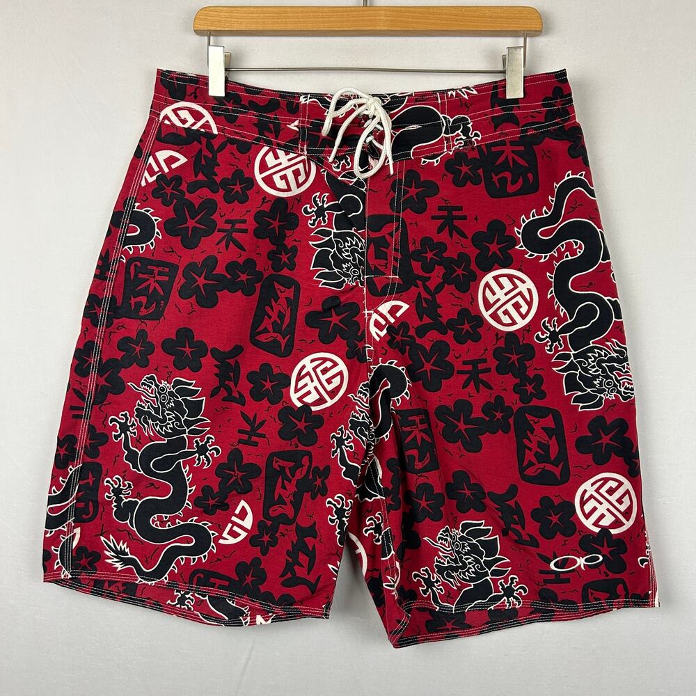 Ocean Pacific OP Vintage Red Chinese Dragon Board Shorts Swim Trunks Men's 34